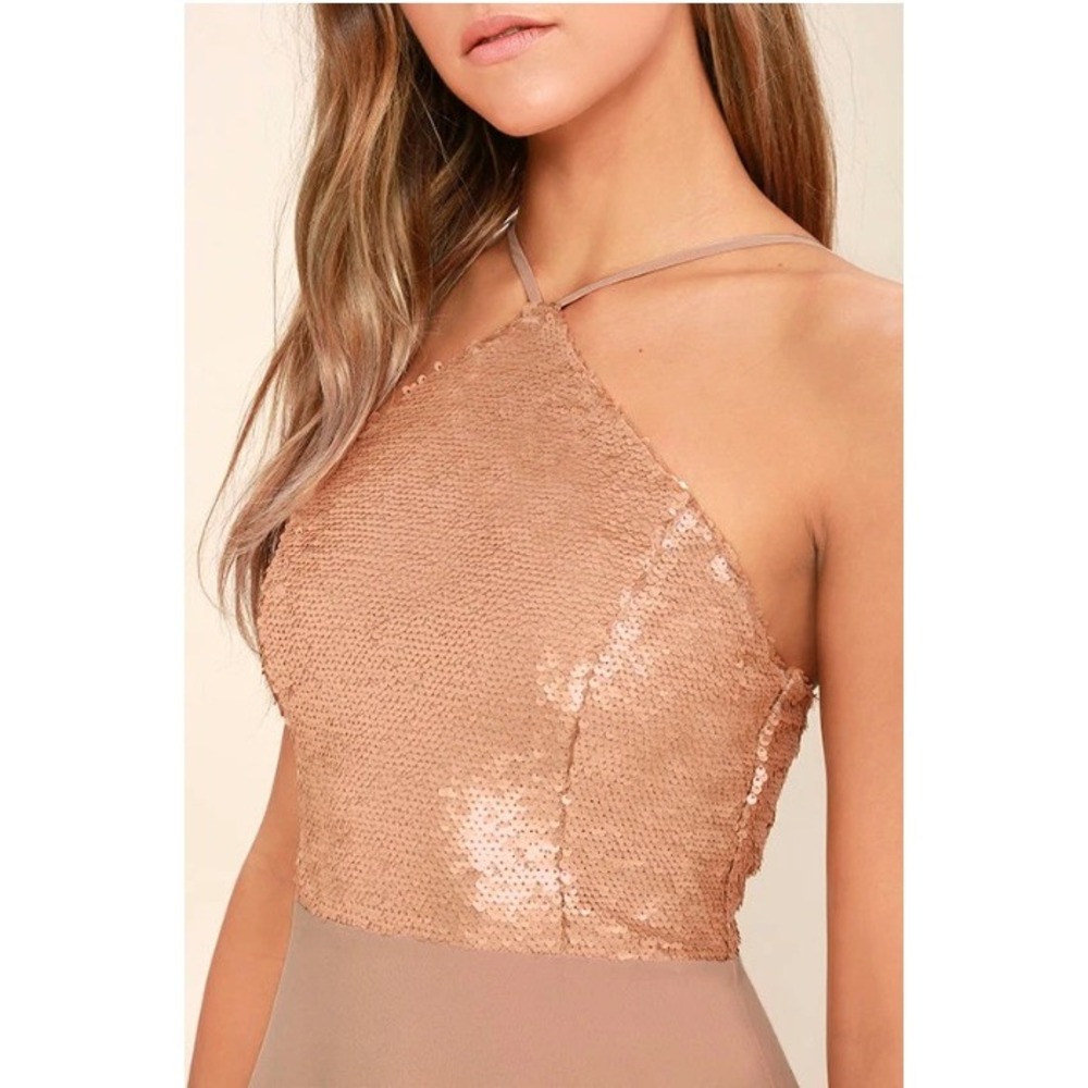 Lulus Womens Mauve Gold Sequin Chiffon Halter Maxi Dress Formal Gown XS NEW - Picture 3 of 6